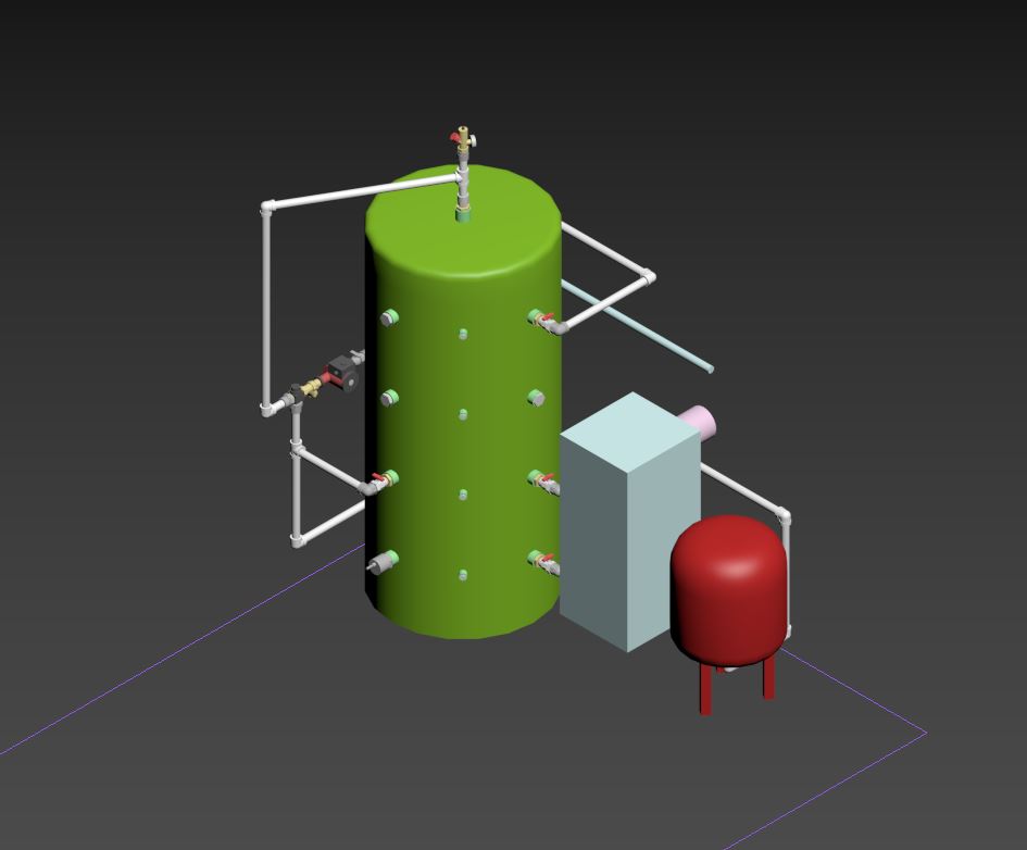 3D модель обвязки твердотопливного котла и теплоаккумулятора