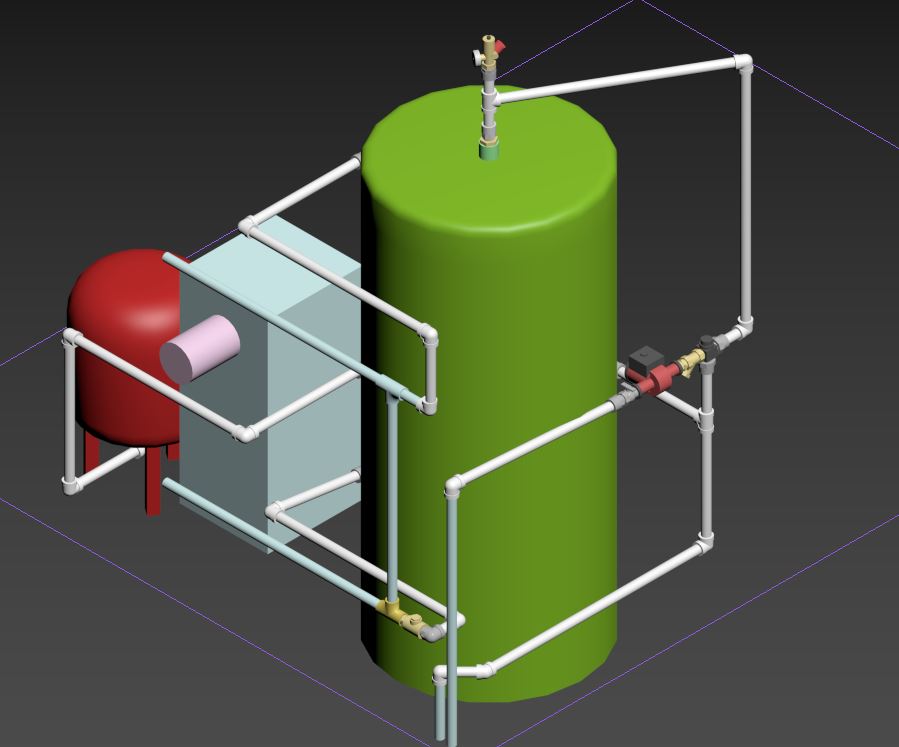 3D модель обвязки твердотопливного котла и теплоаккумулятора